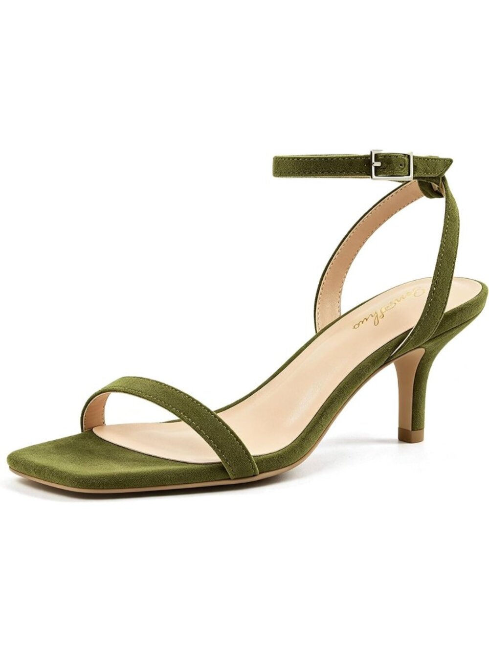 Women's Green Kitten Low Heels Square Open Toe Ankle Strap Sandals Strappy Heels